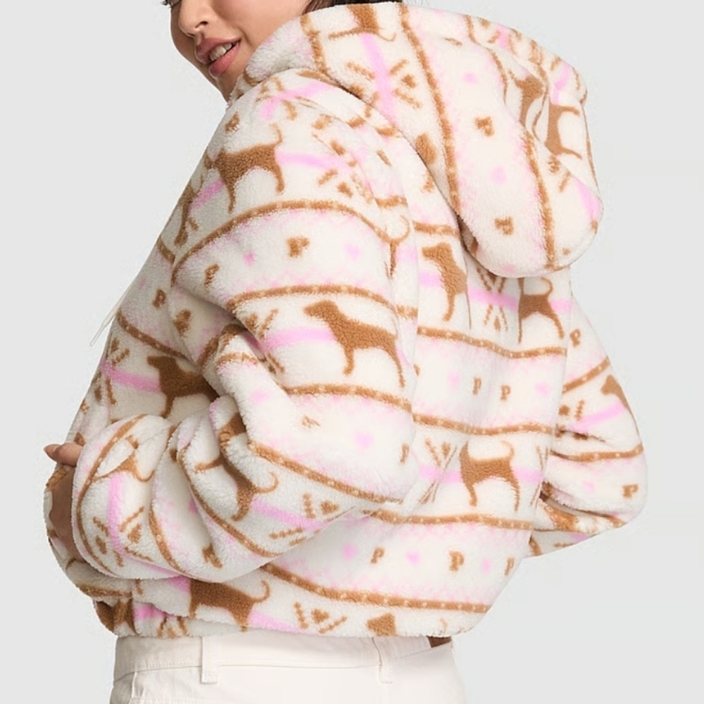 Pink Victoria's Secret Plush Teddy Hooded Bomber Jacket Sz Small NWT - Picture 2 of 4